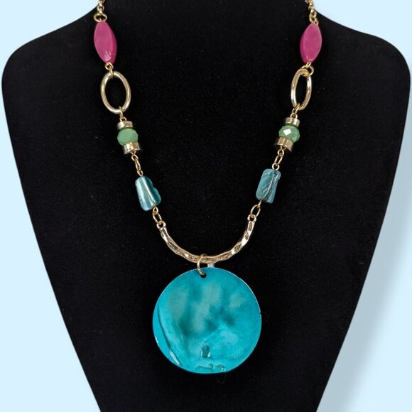 (2/$20) Beaded Blue Shell Pendant Necklace - Picture 2 of 5